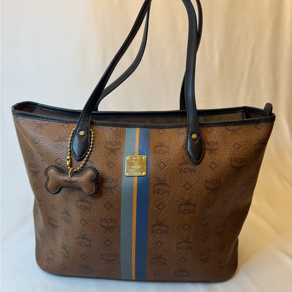 MCM Brown Monogram Tote with Blue and Gold Stripe